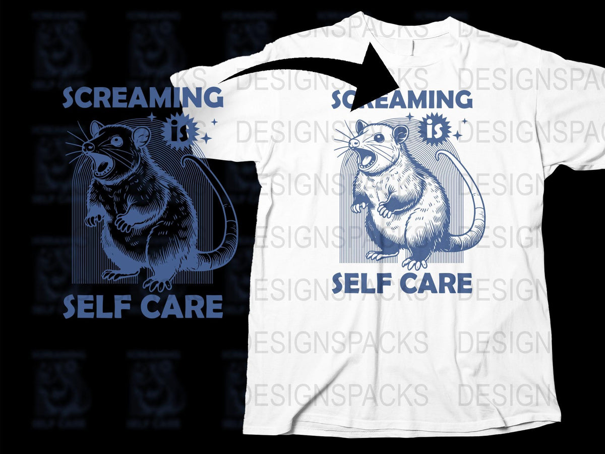 Screaming is Self Care Funny Rat Graphic T-Shirt, Cool Cartoon Rodent Design, Unisex White Tee