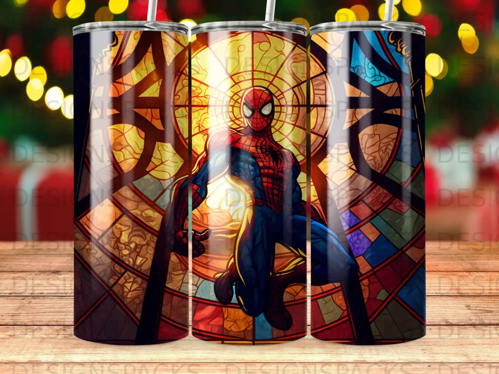 Spiderman in a stained glass window.