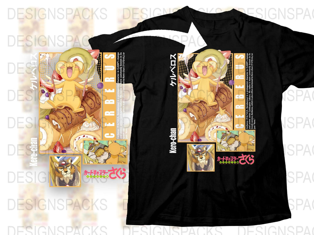 Anime Inspired Cerberus T-Shirt, Colorful Cartoon Dog Graphic Tee, Japanese Text Design, Stylish Casual Wear