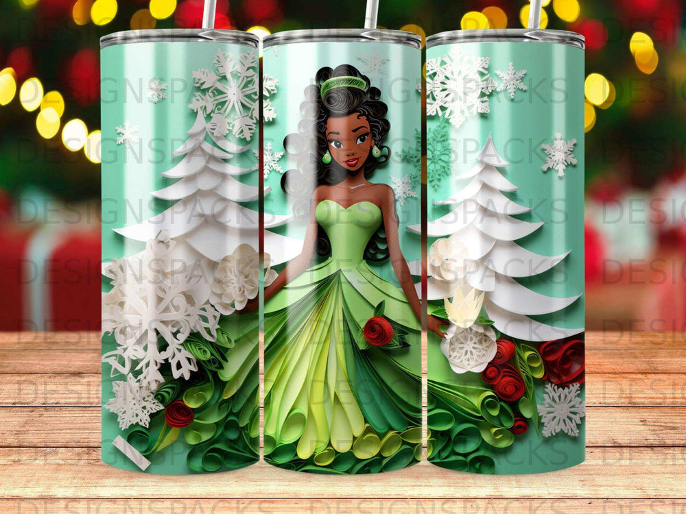 Tiana in a green gown with snowflakes and Christmas trees.