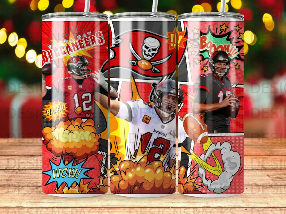 Tampa Bay Buccaneers tumbler featuring players and comic book-style explosions.
