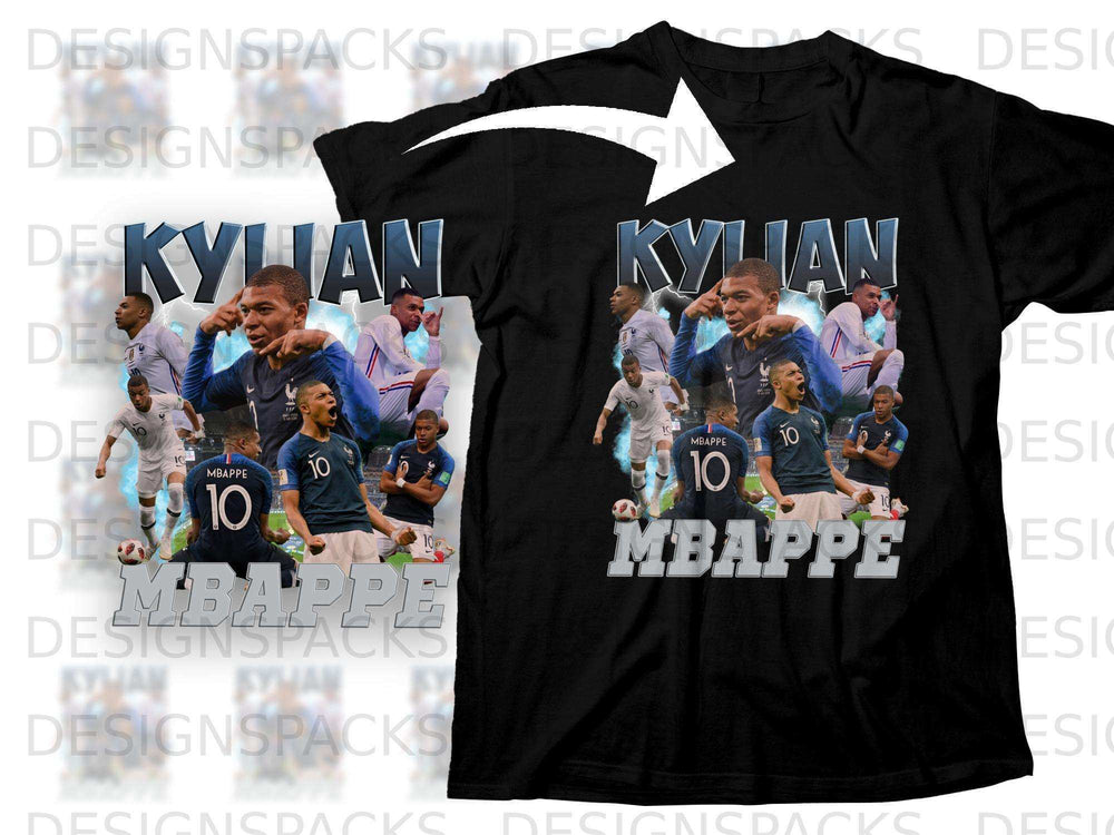 Kylian Mbappé collage on a black t-shirt, with "Mbappé" text.