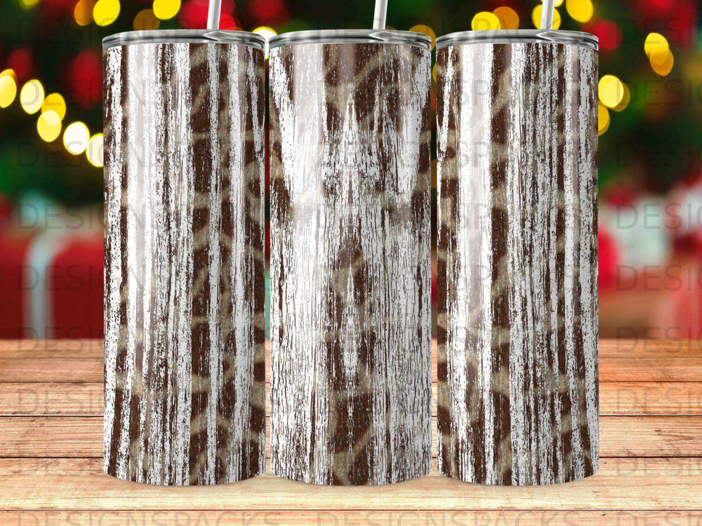 Three tall, skinny tumblers with a brown and white wood grain pattern.