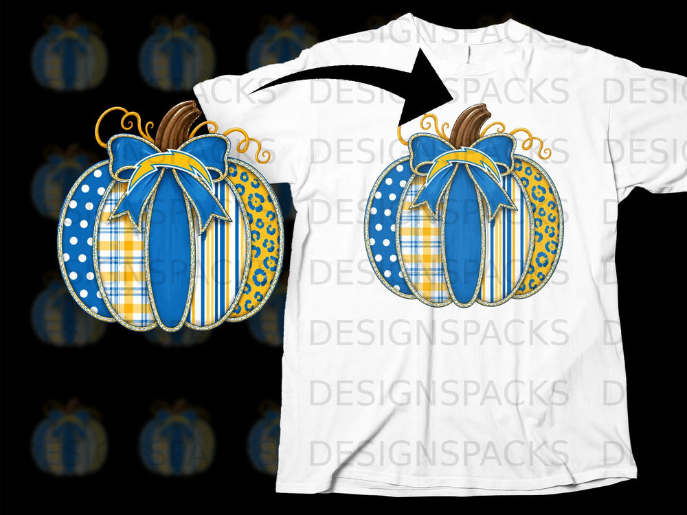 Blue and yellow plaid pumpkin with a Chargers bow on a white t-shirt.
