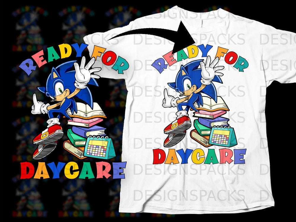 Sonic the Hedgehog sits with books and a calendar, text reads "Ready for Daycare."
