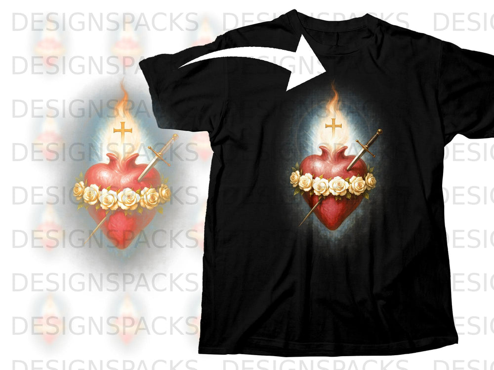 Black t-shirt with Sacred Heart design, crowned with roses and pierced by a sword.