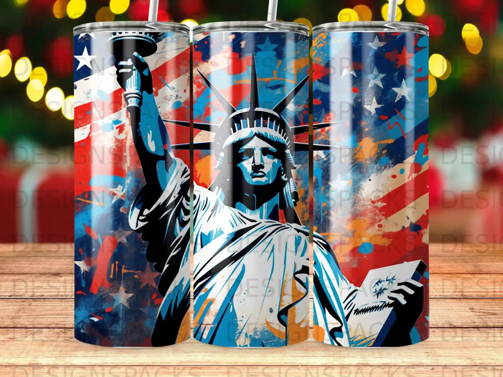 Statue of Liberty with patriotic red, white, and blue distressed background.