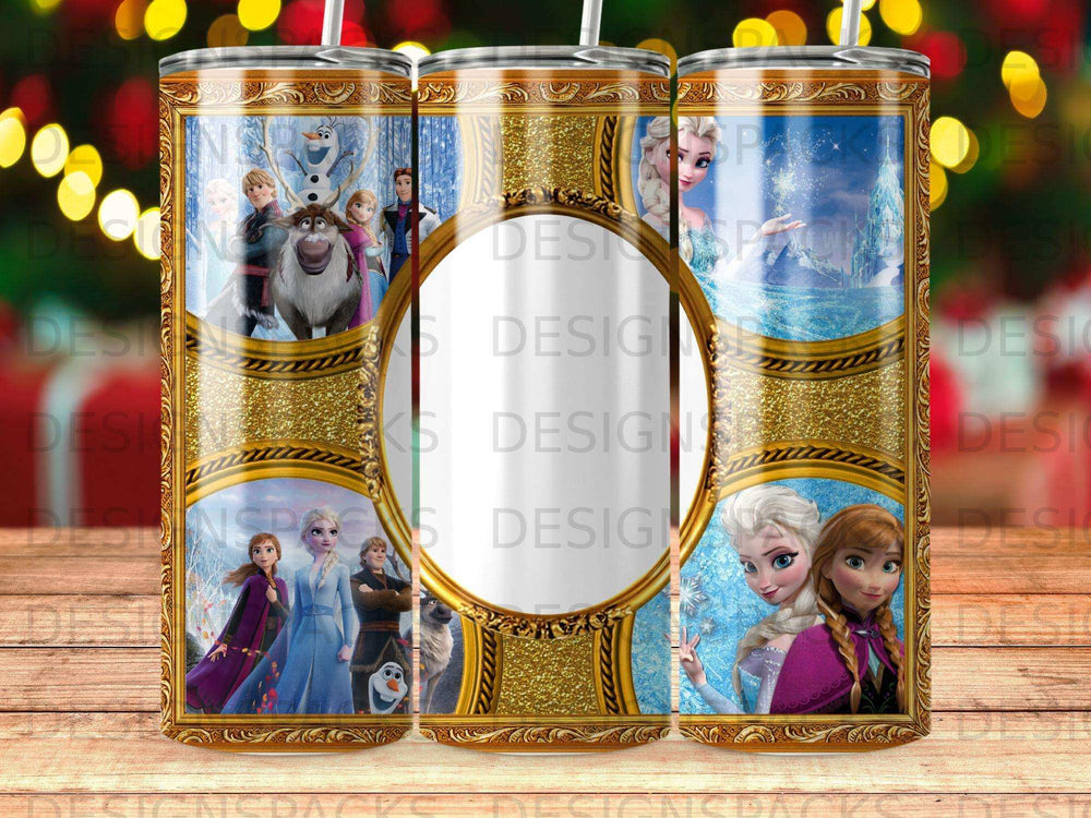 Frozen characters Elsa and Anna on gold-trimmed tumblers with circular images.