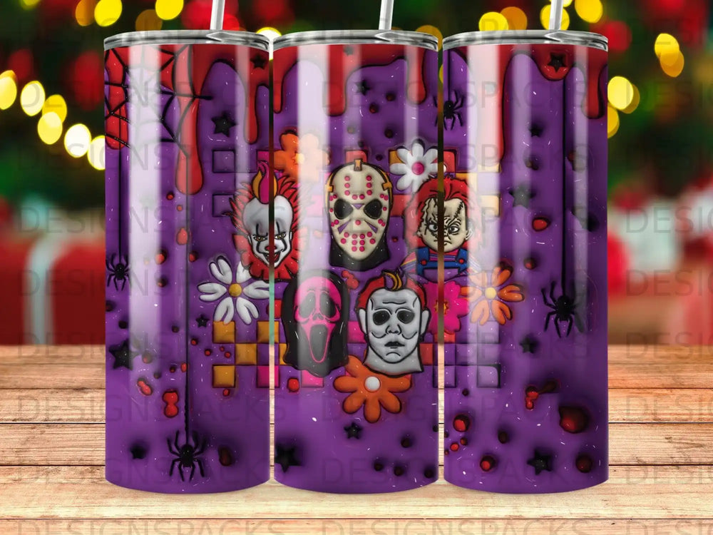 Halloween-themed tumbler with horror movie characters and dripping purple design.