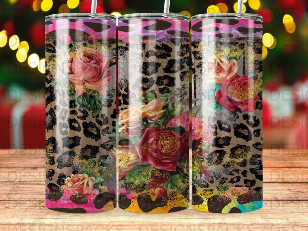 Tumbler with pink and red roses on a leopard print background.