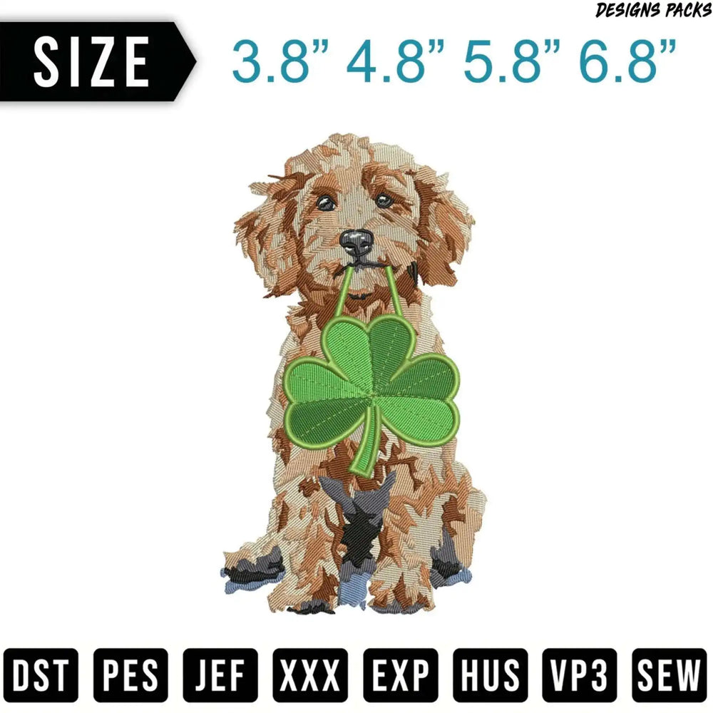 Goldendoodle puppy holding a shamrock, with size options and file formats listed.