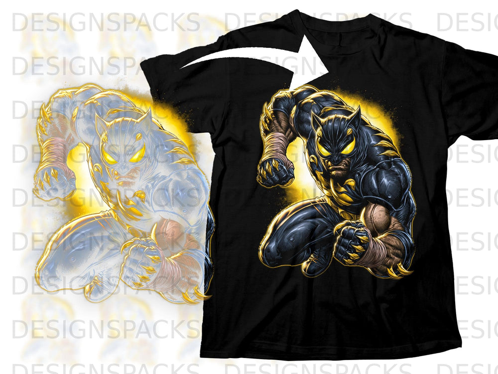 Black t-shirt with a muscular, yellow-eyed black panther superhero design.