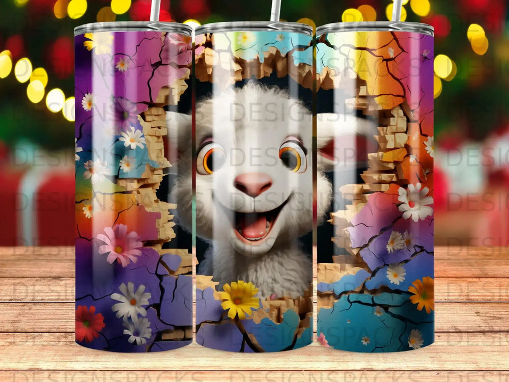Cartoon goat peeking through a cracked, colorful wall with flowers.