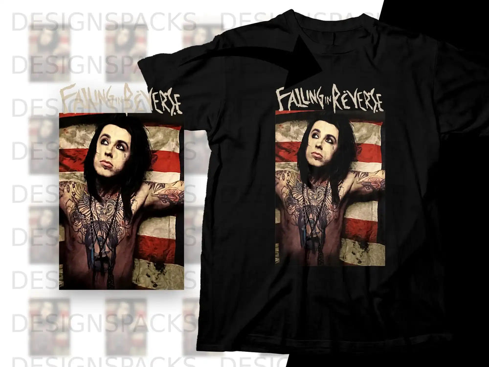 Black t-shirt featuring Falling in Reverse band artwork with a tattooed person against an American flag.