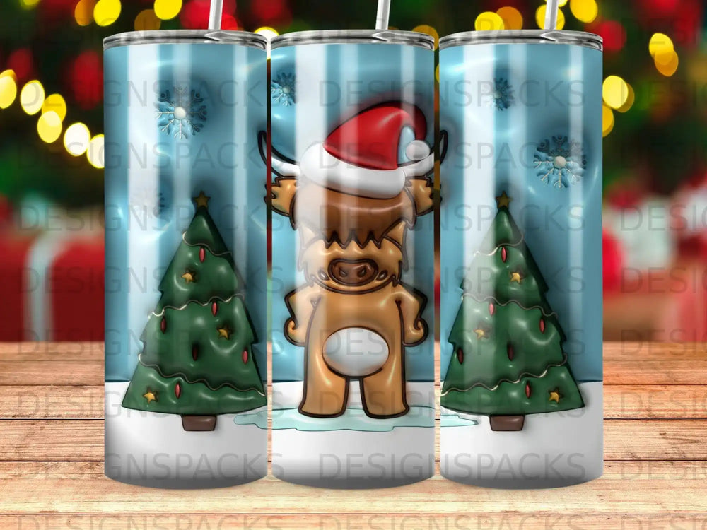 Cow wearing Santa hat and Christmas trees on tumbler.