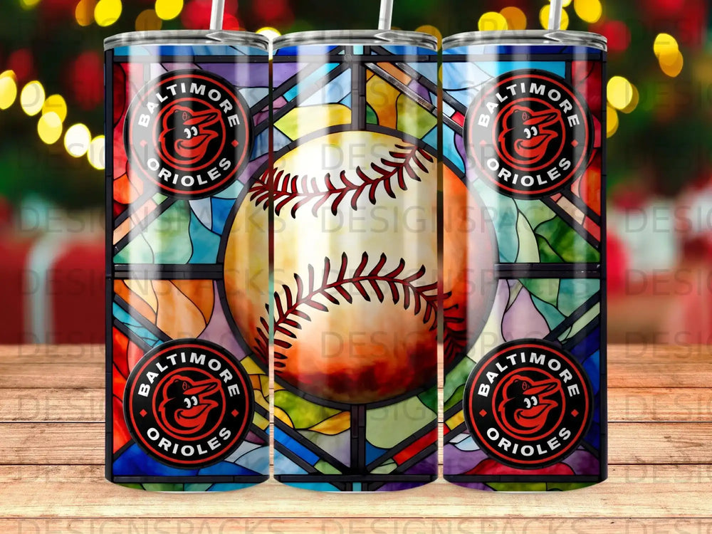 Baltimore Orioles baseball tumbler with stained glass pattern.