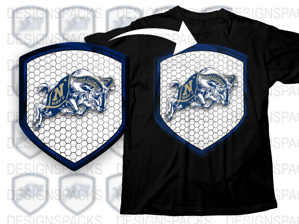 Navy Football Mascot Graphic T-Shirt, Military Academy Sports Tee, Unique Hexagon Design, Patriotic Casual Wear