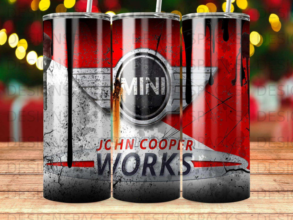 Mini John Cooper Works logo on distressed red and gray background.