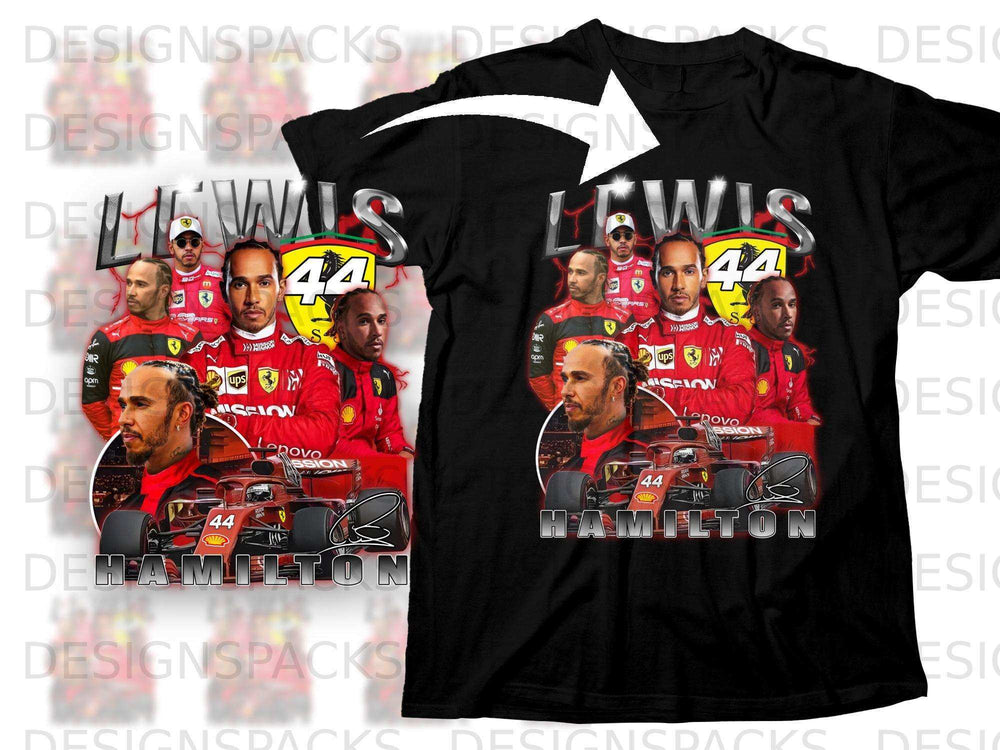 Lewis Hamilton #44 graphic t-shirt with Ferrari and sponsor logos.