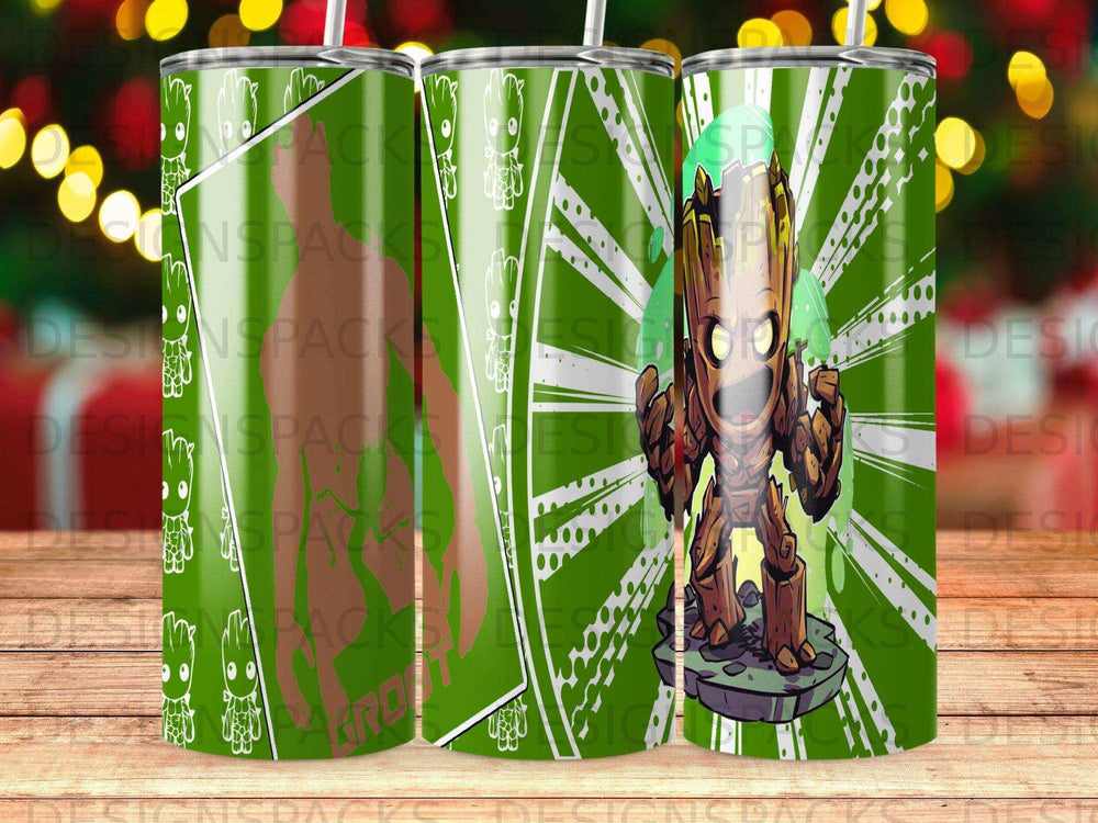 Groot character design on green background with text.