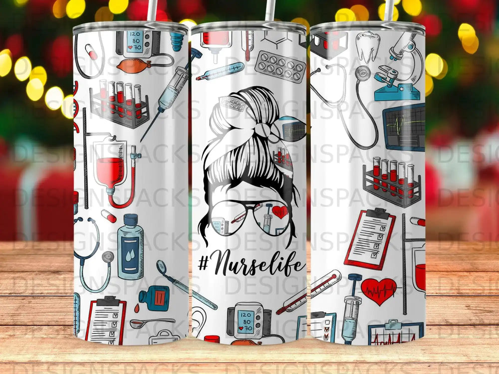 Tumbler with medical icons and #Nurselife text.