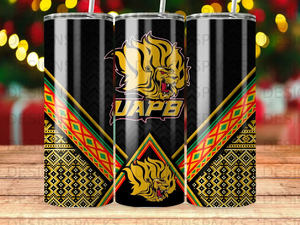 UAPB lion logo on black tumbler with gold, green, and red geometric patterns.