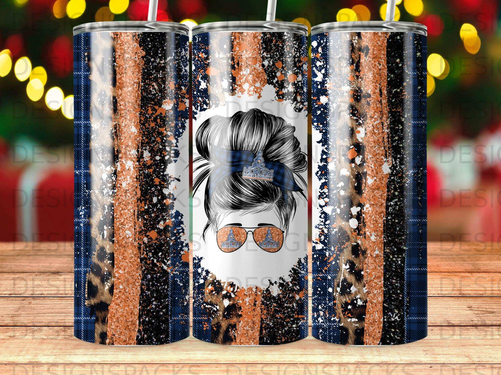 Tumbler with messy bun girl, leopard print, and plaid pattern.