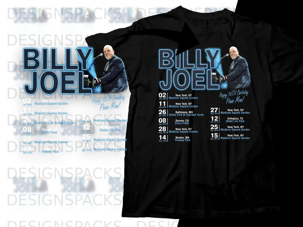 Billy Joel 70th Birthday Piano Man tour shirt with dates and locations.
