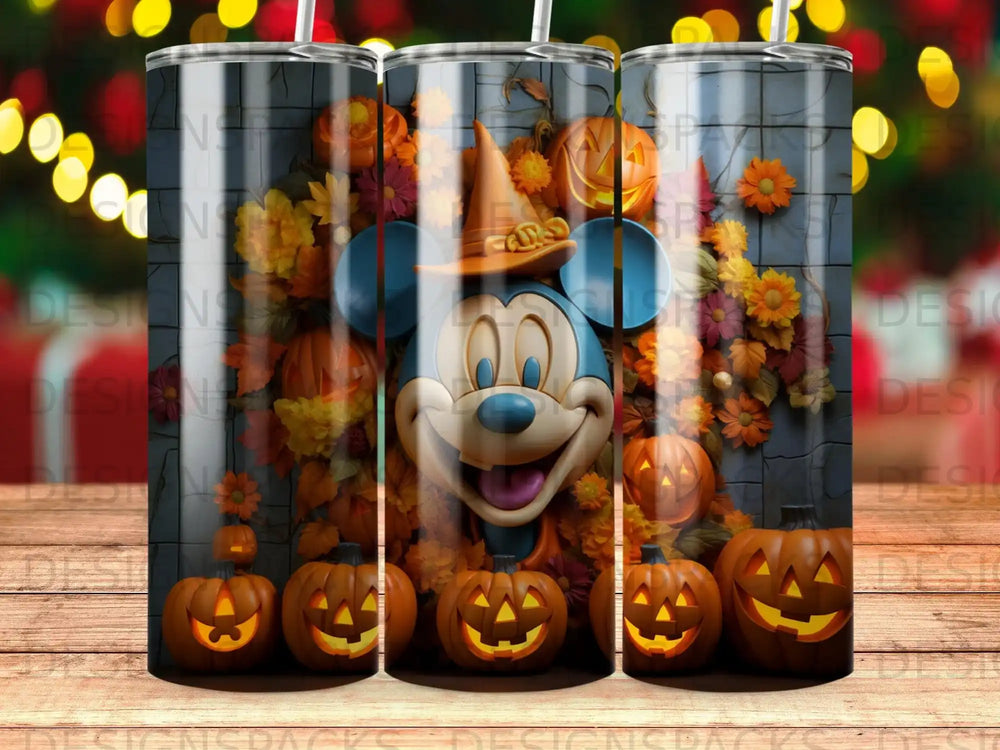 Mickey Mouse in a witch hat with jack-o'-lanterns and autumn leaves.