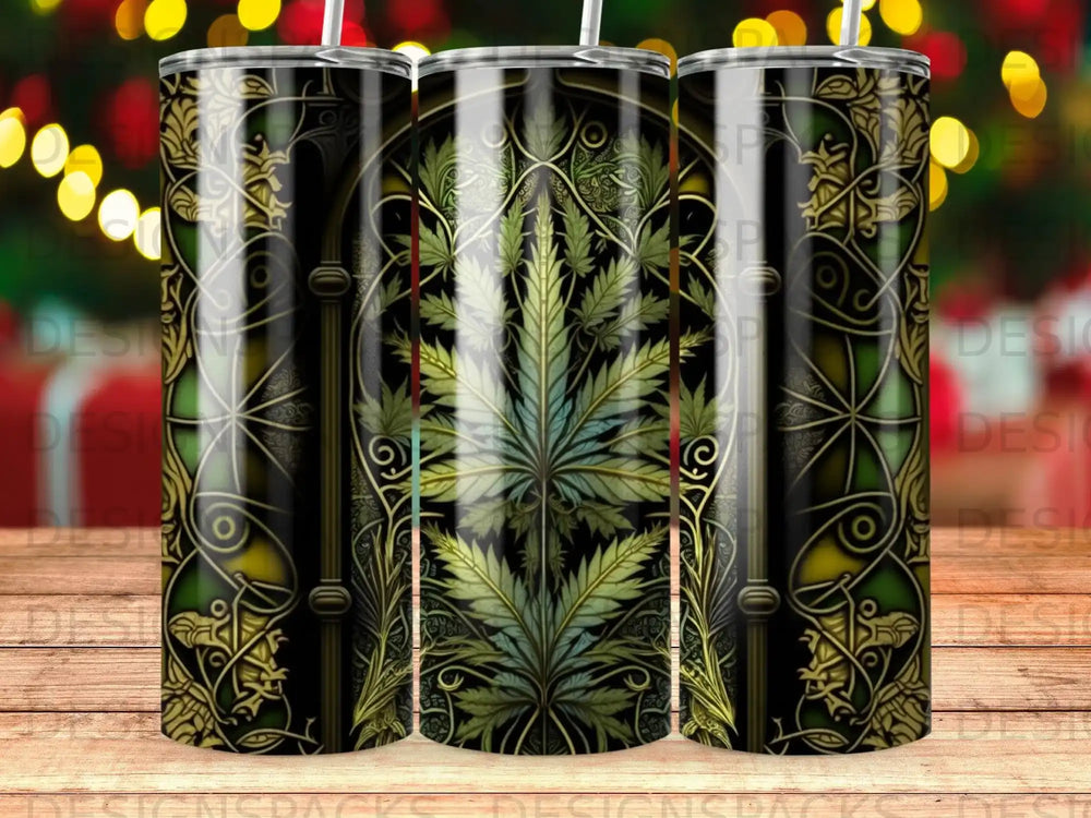 Green cannabis leaf pattern on a black and gold ornate tumbler.