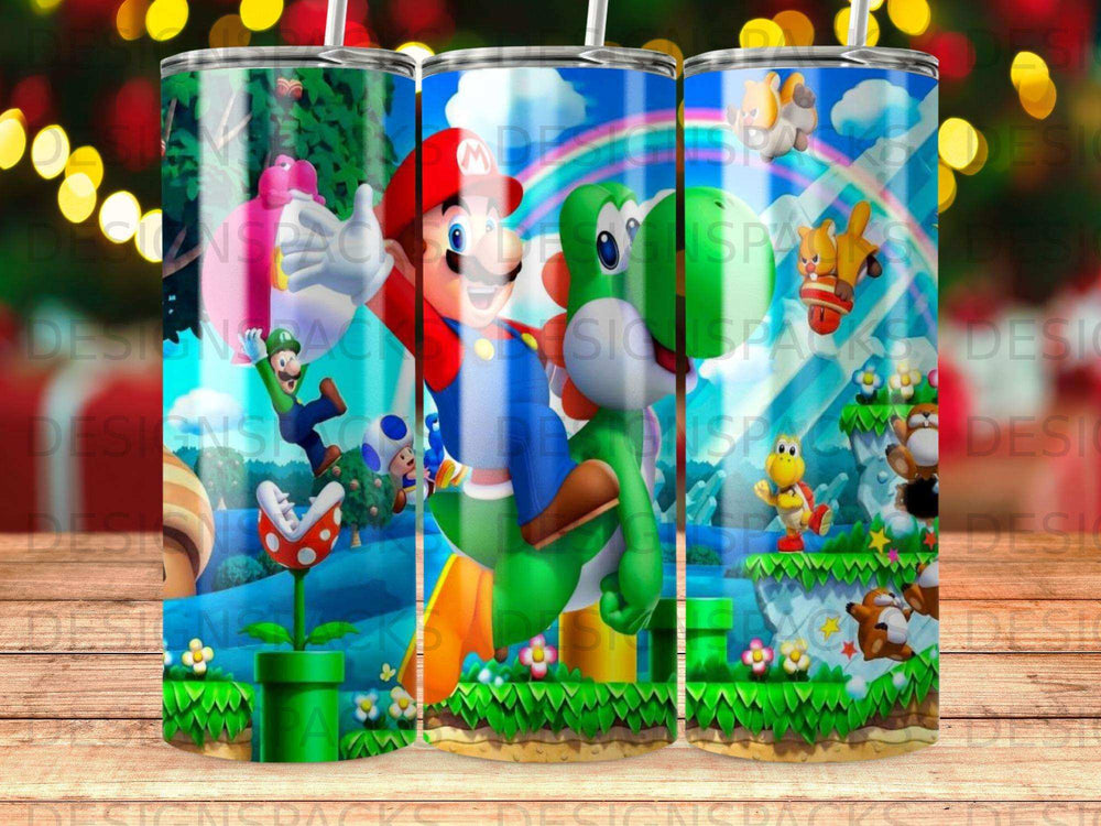 Mario riding Yoshi with a rainbow and Super Mario World elements.