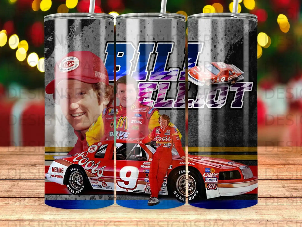 Bill Elliott NASCAR car and driver on a dark, textured background.