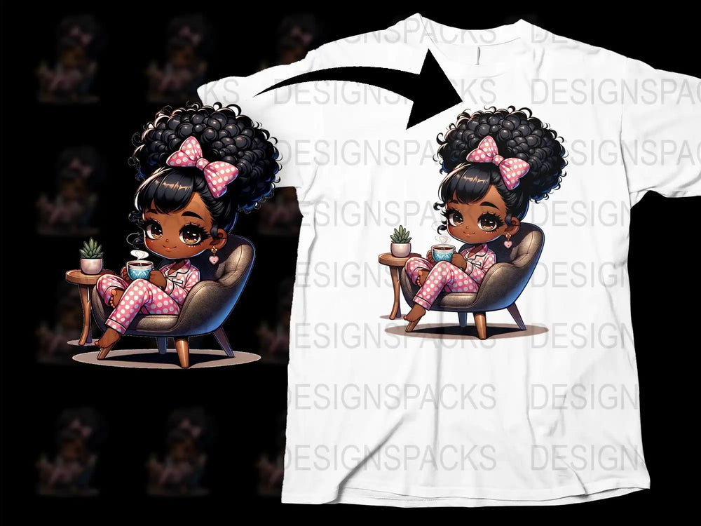 Cute Cartoon Girl Design T-Shirt, Afro Puffs, Pink Bow, Coffee Cup, Casual Wear