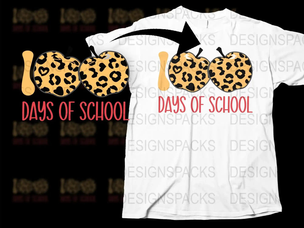 Leopard Print Apple 100 Days of School T-Shirt, Teacher Graphic Tee, Fun Educational Celebration Shirt, Kids School Milestone Top