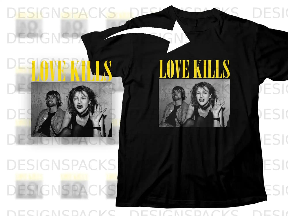 Black t-shirt featuring a band photo and "LOVE KILLS" text.