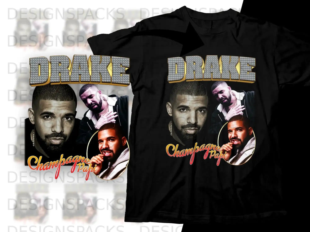 Drake and "Champagnepapi" text on black t-shirt mockup.