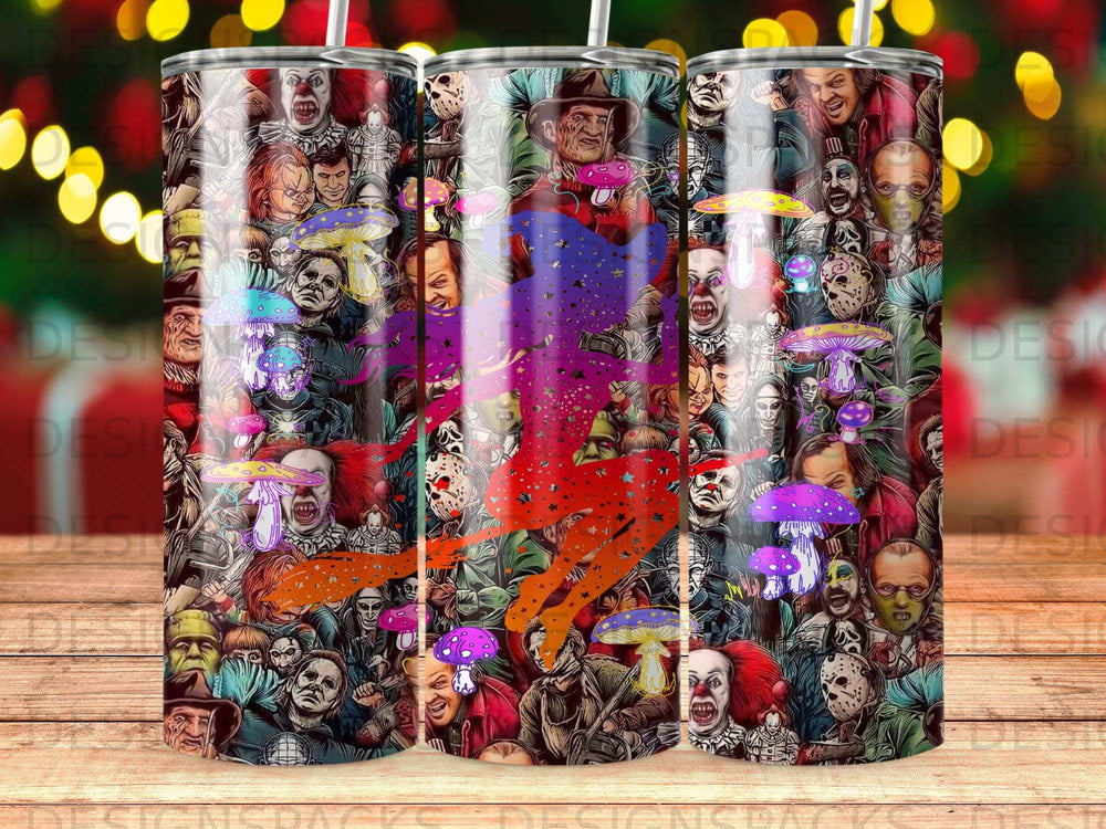 Collage of horror movie characters and colorful mushrooms, with a witch silhouette.