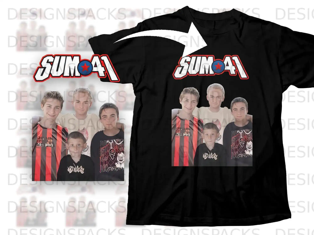 Black t-shirt with "SUM 41" logo and band photos.