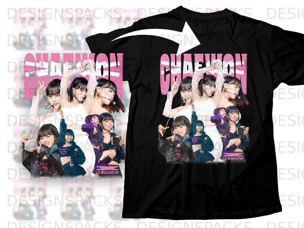 Black t-shirt featuring K-pop group Le Sserafim in a collage.