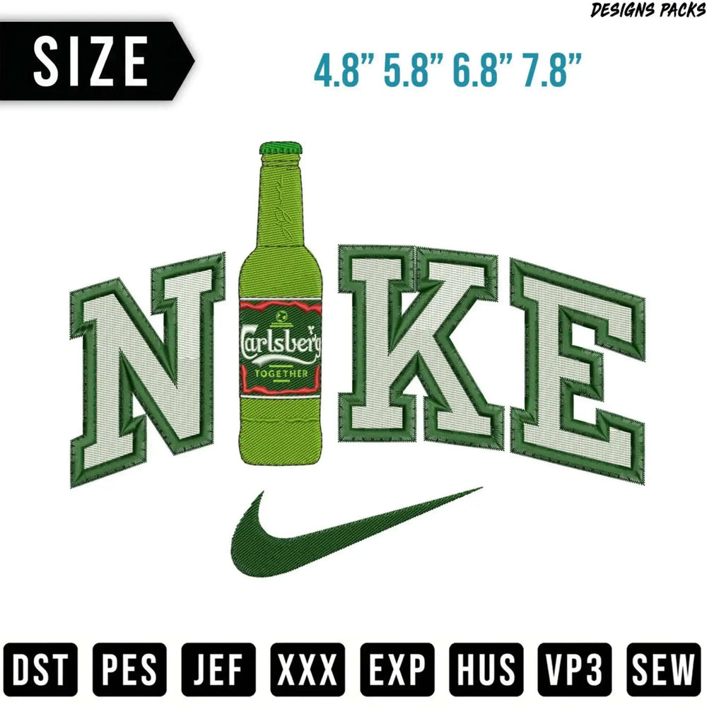 Nike logo with Carlsberg bottle and various embroidery file formats listed.