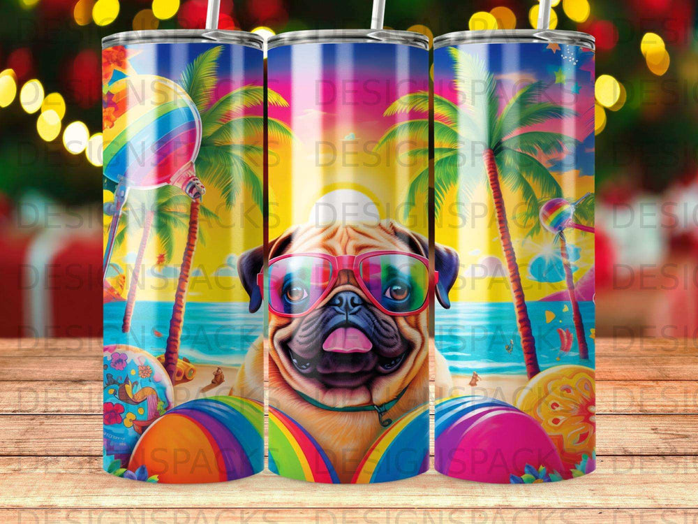 Pug in sunglasses on beach with colorful beach balls and palm trees.