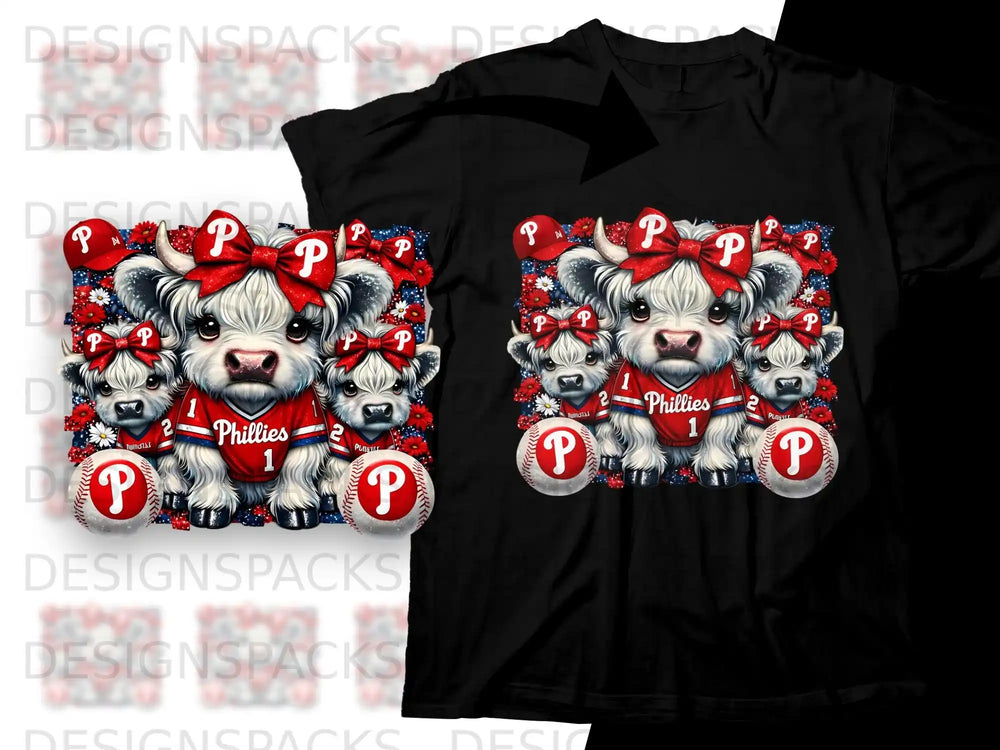 Two Philadelphia Phillies logo shirts featuring a cartoon bull wearing a bow.