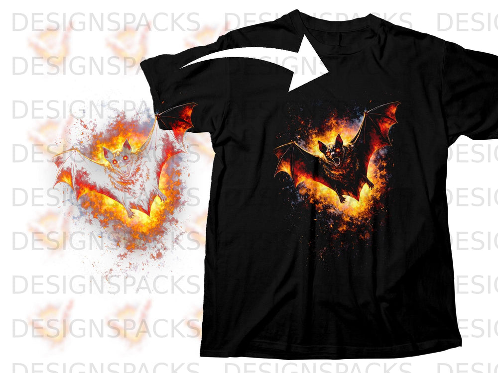 Black t-shirt featuring a graphic of a bat with fiery wings.