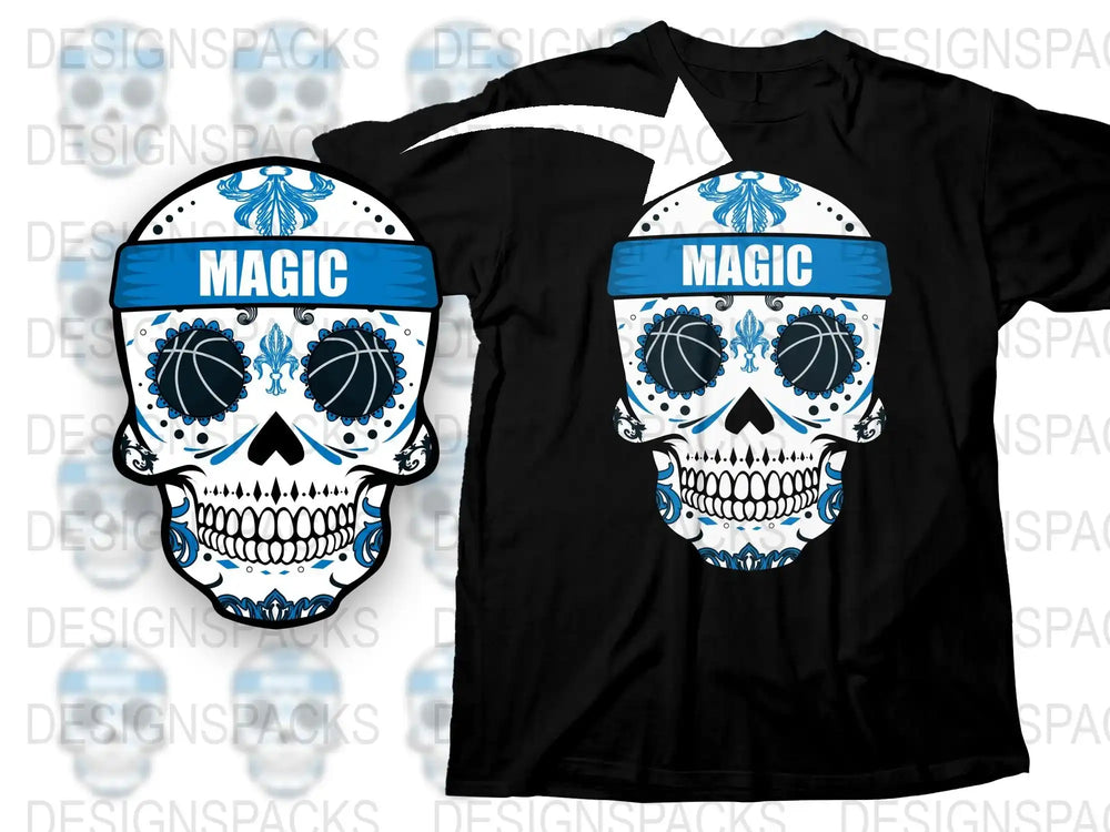 Men's Graphic T-Shirt Magic Skull Design, Blue and White Print, Casual Streetwear, Unique Cotton Tee, Gift for Him