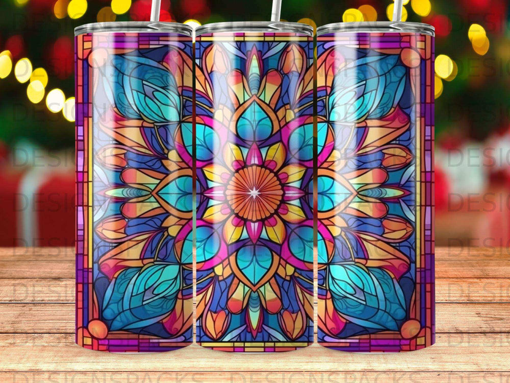 Stained glass mandala tumbler with colorful floral design.