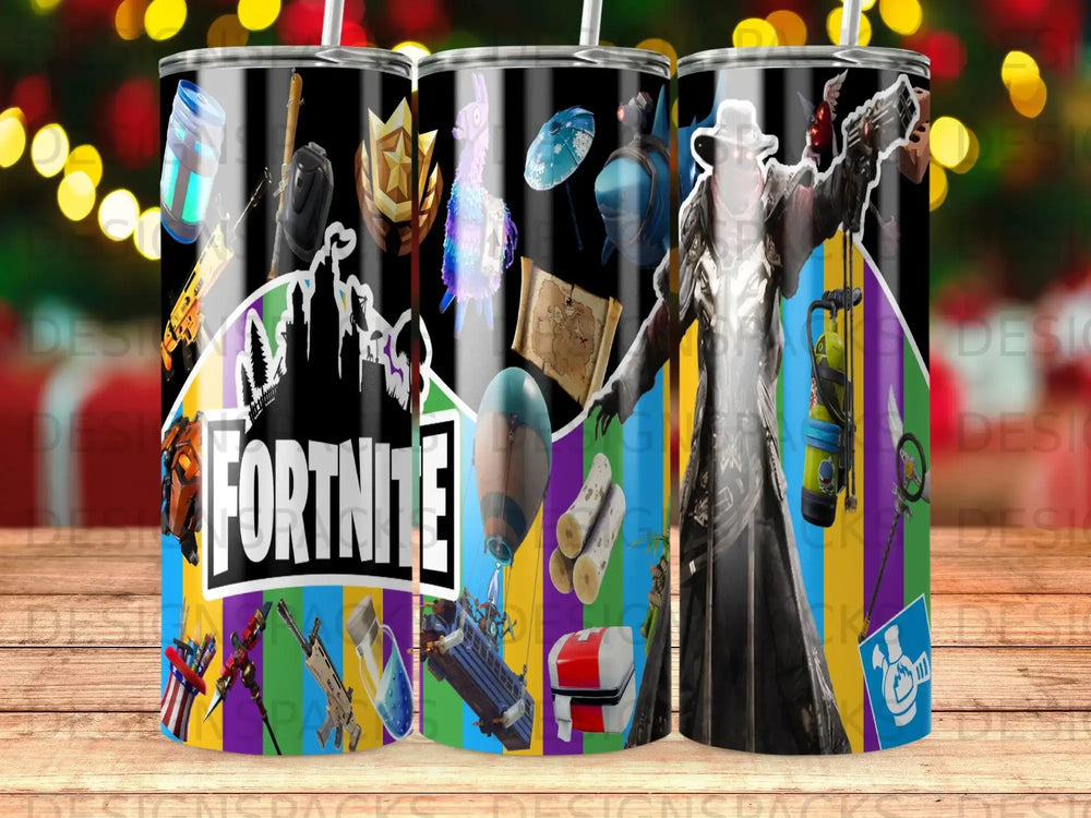 Fortnite characters and in-game items on a tumbler with black and purple background.