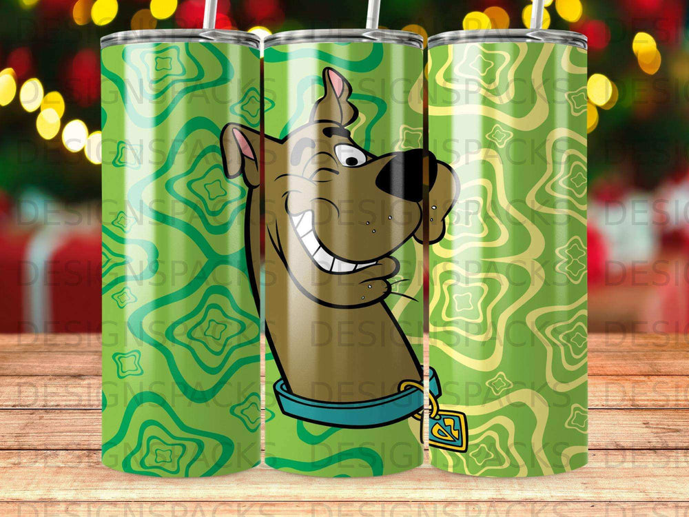 Scooby-Doo character smiling on a green background with repeating diamond pattern.