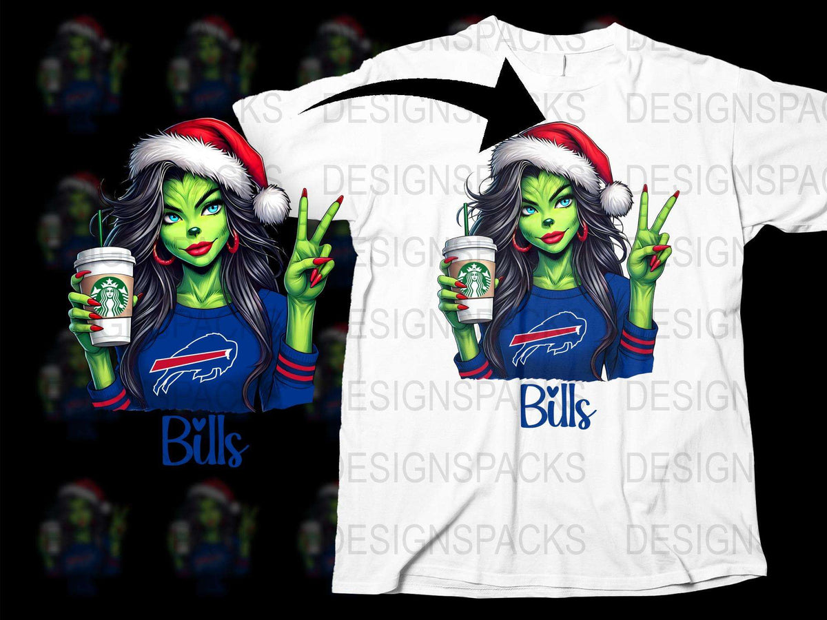 Buffalo Bills Fan Art T-Shirt, Christmas Santa Hat, Green Monster Holding Starbucks, Festive Holiday Apparel