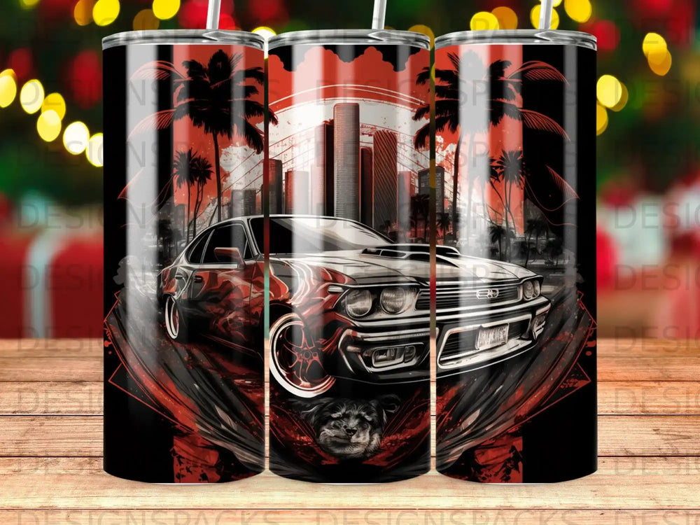 Black car with red flame design and city skyline background.