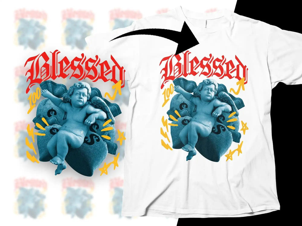 White t-shirt with 'Blessed' graphic, angel design, and dollar motifs for DTF/DTG printing